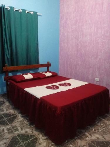 a bedroom with a red and white bed with a green curtain at Casa Beija-flor in Cavalcante
