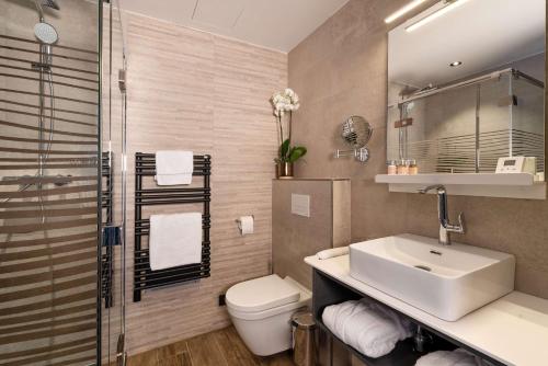 a bathroom with a sink and a toilet and a shower at Golden Lakes Hotel in Boussu-lez-Walcourt