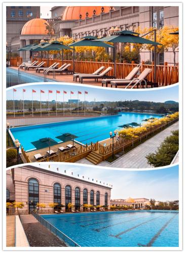 a collage of three pictures of a swimming pool at GUOCE Beijing Capital Airport Hotel & Convention Center in Shunyi