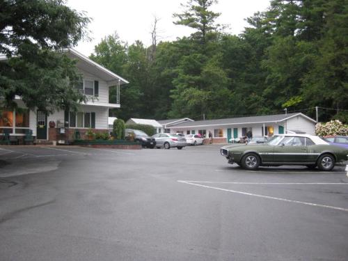 a green car parked in a parking lot at Brookside Motel & Cabins in Lake George