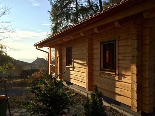 a log cabin with a window on the side of it at Blockhaus Chalet mit beheizbarem Badefass und Infrarotsauna auf der Terrasse in Oberschützen