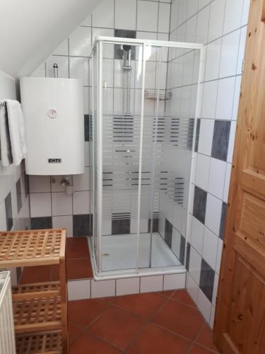 a shower with a glass door in a bathroom at Dorfhof Bauer in Riegersburg