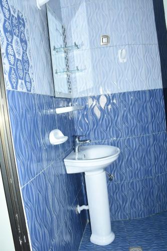 Blue Nile Guest House في لاليبيلا: حمام مع حوض والجدار الأزرق البلاط