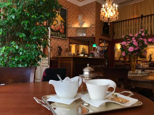 Příslušenství pro přípravu čaje a kávy v ubytování Hôtel de l'Abeille