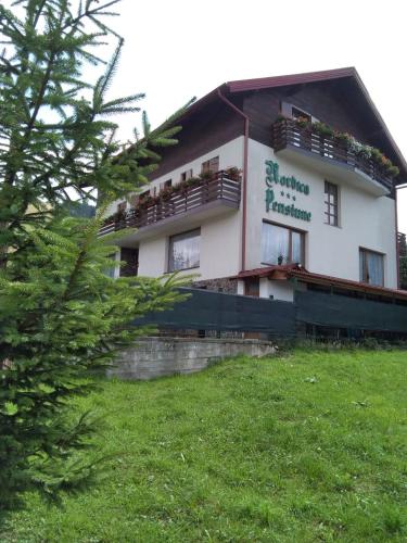 a white building with balconies and a tree at Pensiunea Nordica in Statiunea Borsa