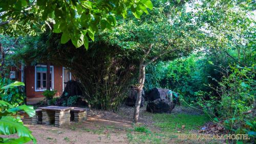 a bench in front of a house with a tree at Pidurangala Hostel in Sigiriya