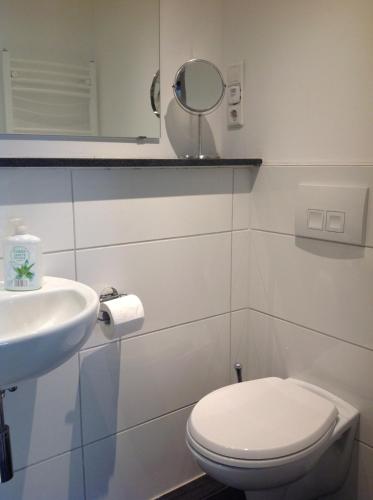 a white bathroom with a toilet and a sink at Stadtmitte Ferienwohnung Waldshut in Waldshut-Tiengen