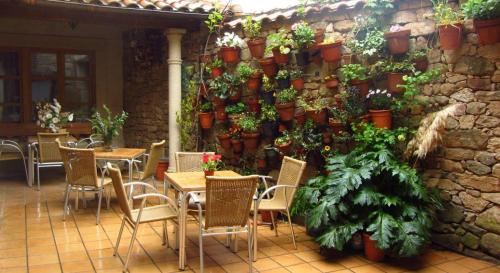 un patio con mesas, sillas y macetas en El Portal De Las Arribes, en Aldeadávila de la Ribera