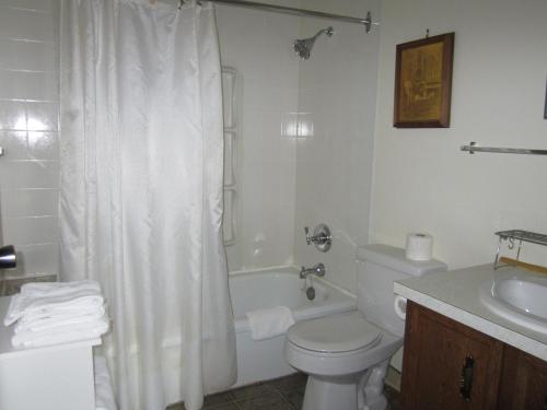 a bathroom with a toilet and a tub and a sink at Tel-A-Friend Motel in Vernon