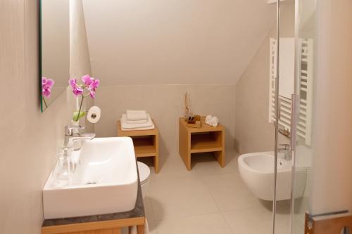 La salle de bains est pourvue d'un lavabo, de toilettes et d'une douche. dans l'établissement Hotel Baur Am See, à Dobbiaco