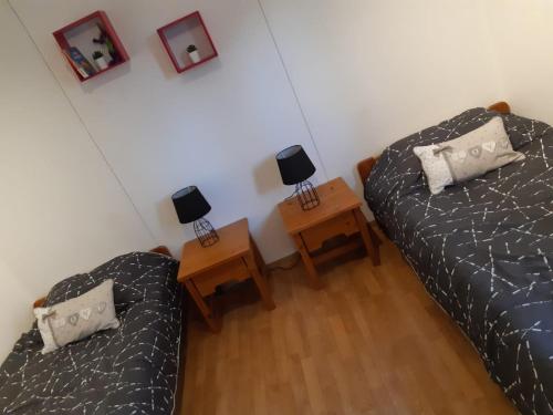 1 dormitorio con 2 camas y 2 mesitas de noche en Résidence VILLAS DU LAC, en Soustons