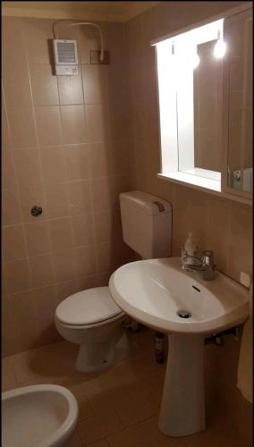 a bathroom with a toilet and a sink and a mirror at trilocale sulle piste da sci in Abetone