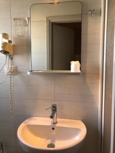 a bathroom with a sink and a mirror at Hotel Lukas Vegetarian & Vegan in Viareggio