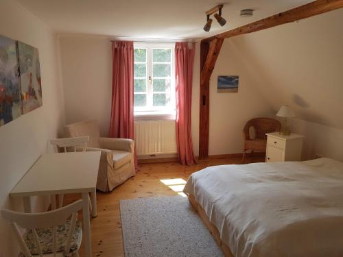 a bedroom with a bed and a desk and a window at Ferienwohnung Techin am Schaalsee in Techin