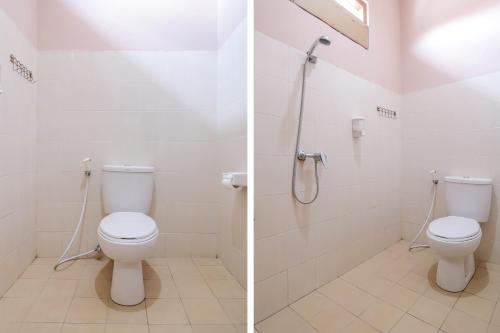 two pictures of a bathroom with a toilet and a shower at OYO 2456 Purnama House Kuta in Kuta