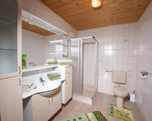 a bathroom with a sink and a shower and a toilet at Gästehaus Hagenhofer in Dorfgastein