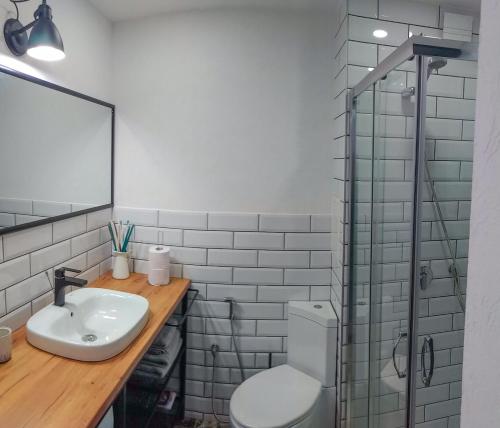 bagno con lavandino, servizi igienici e specchio di Loli’s Beach Studio a Burgas