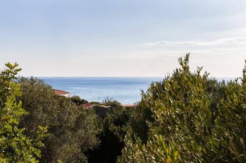 a view of the ocean from behind some trees at CASA VACANZE THALIA - PISCIOTTA/PALINURO in Pisciotta