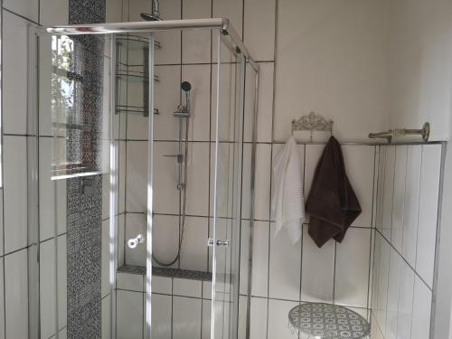 a shower with a glass door in a bathroom at INBLOEM in Bloemfontein