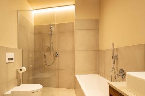 La salle de bains est pourvue d'une douche, de toilettes et d'un lavabo. dans l'établissement Ladurner Suites, à Merano