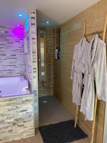 une salle de bain avec une baignoire et un lavabo dans l'établissement Le Menhir Jacuzzi Lit 200x200, à Le Cendre