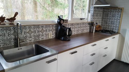 a kitchen with a stainless steel sink and a window at Bungalow, vrijstaand, het Vosseven nr 38 in Stramproy