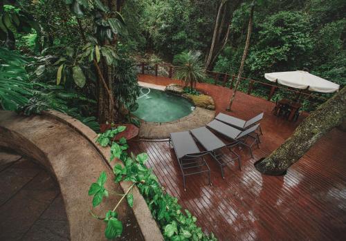 an overhead view of a pool with chairs and an umbrella at Serenity Mountain and Forest Lodge in Malelane