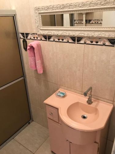 a bathroom with a pink sink and a shower at Acomodação central e WI-FI in São Lourenço do Sul