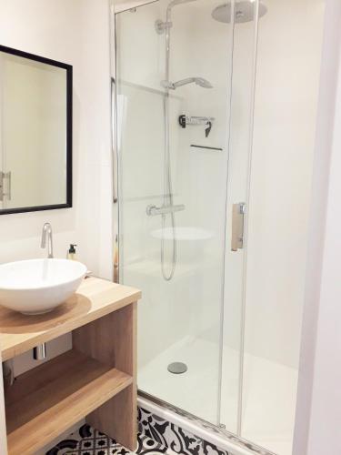 une salle de bain avec douche et lavabo dans l'établissement ST ARNAUD Appartement Calme Parking proche Plage, à Arcachon