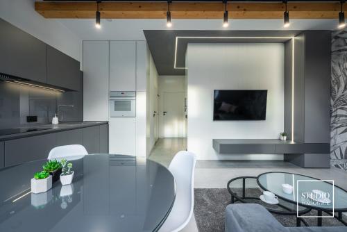 Televízia a/alebo spoločenská miestnosť v ubytovaní Apartamenty Premium New