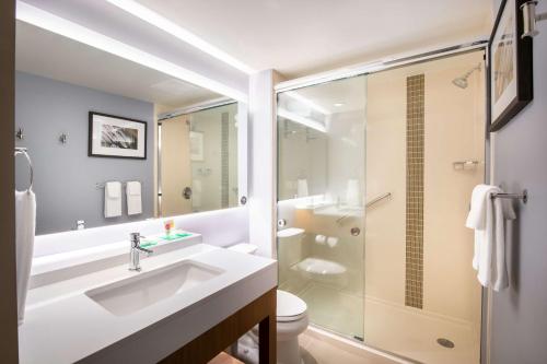 ein Bad mit einem Waschbecken, einem WC und einer Dusche in der Unterkunft Hyatt Place East Moline/Quad Cities in East Moline