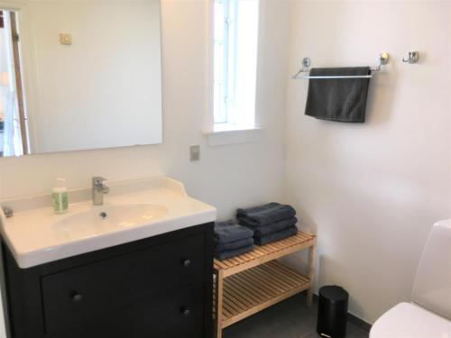a bathroom with a sink and a mirror at Ferielejlighed på Rødkærgård in Kerteminde