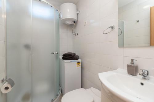 a bathroom with a shower and a toilet and a sink at Mobile home Sea Lion in Pašman