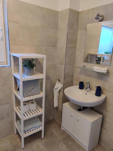 La salle de bains est pourvue d'un lavabo blanc et d'un miroir. dans l'établissement Moderne Neubau Ferienwohnung, à Wiesbaden