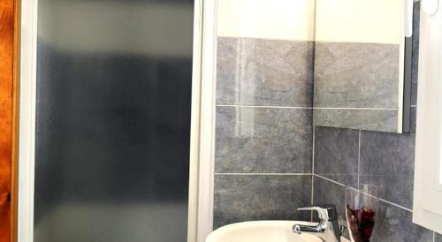 a bathroom with a sink and a shower with a mirror at Marina Beach Blu in Porto Garibaldi