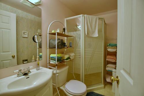 a bathroom with a shower and a toilet and a sink at 10th Avenue Guest House & Suites in Hanover