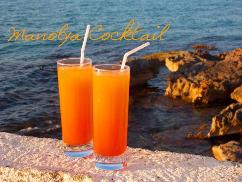 two glasses of orange juice sitting on a ledge near the water at Manolya Hotel in Kérynia