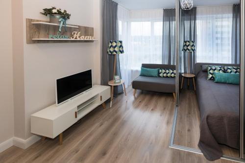 a living room with a television and a couch at Relax apartments near Egle in Druskininkai