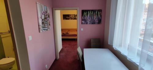 Habitación rosa con cama y aseo en Brasna apartment 3-Kupalisko en Nové Zámky