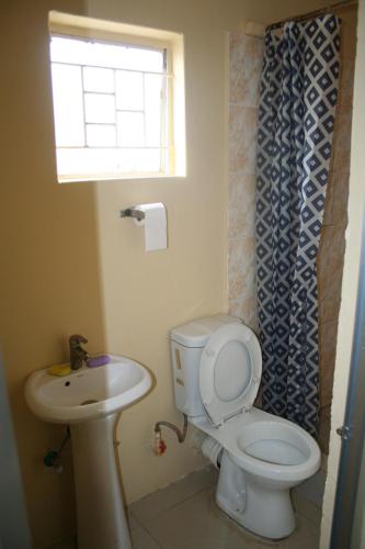 a bathroom with a toilet and a sink and a window at Honeybed Lodge in Lusaka