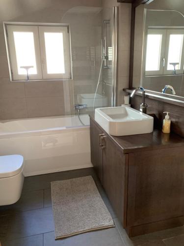 La salle de bains est pourvue d'un lavabo, d'une baignoire et de toilettes. dans l'établissement Sapin Vert, à Leysin