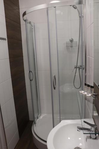 a bathroom with a shower and a toilet and a sink at Dworek pod świerkami in Jelenia Góra