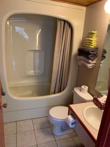 a bathroom with a tub and a toilet and a sink at Gateway Motel in Minnedosa