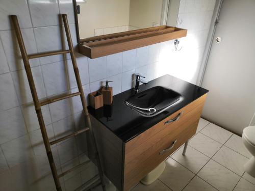 une salle de bain avec un lavabo noir et un miroir dans l'établissement La Casa de Brens, à Brens