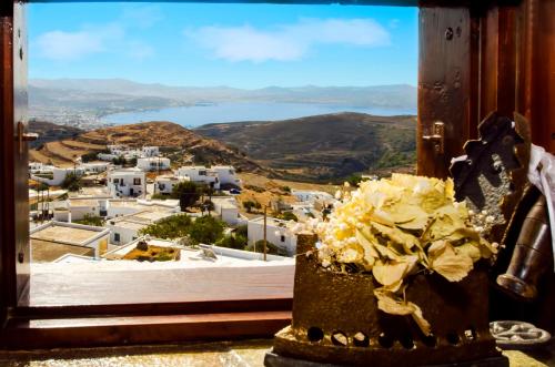 a vase with flowers on a window with a view at Drougas' Windmill in Plaka Milou