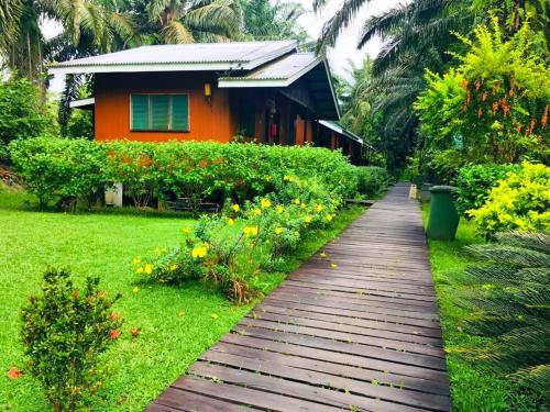 a wooden walkway in front of a house at Sukau Backpackers B&B in Sukau