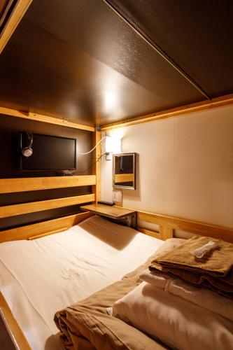 a bedroom with a large bed and a flat screen tv at Hotel Owl Tokyo Shinbashi in Tokyo