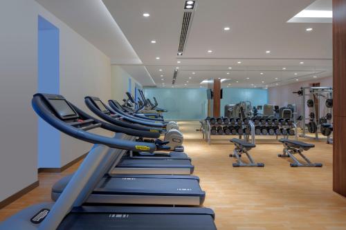 a gym with a row of treadmills and machines at Hyatt Place Dubai Jumeirah in Dubai