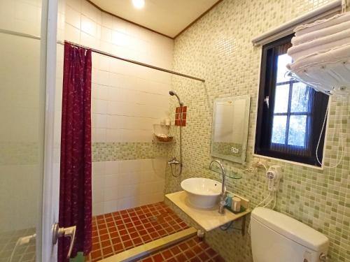 a bathroom with a sink and a toilet and a shower at 南投清境挪威森林 in Renai