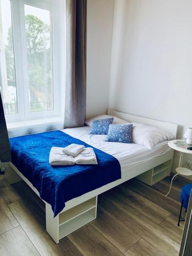 a bedroom with a bed with blue sheets and a window at Parkowy Kudowa in Kudowa-Zdrój